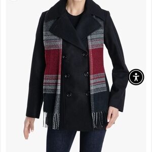 Black Double-Breasted Coat with Red and Gray Plaid Accents